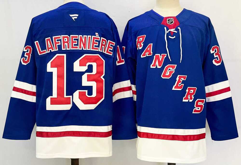 Mens New York Rangers #13 Alexis Lafreniere Royal 2024-25 Home With A Patch Stitched Hockey Jersey